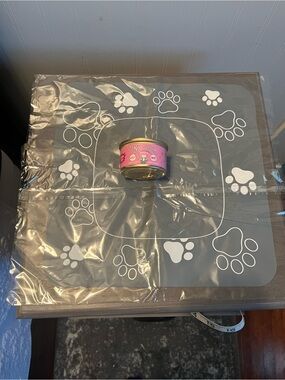 Gray Pet Placemat with White Paw Prints & Cat Food